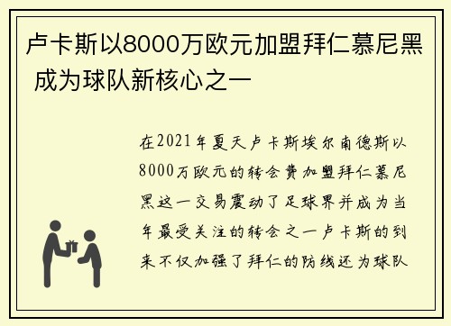 卢卡斯以8000万欧元加盟拜仁慕尼黑 成为球队新核心之一 卢卡斯以8000万欧元加盟拜仁慕尼黑 成为球队新核心之一