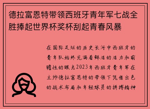 德拉富恩特带领西班牙青年军七战全胜捧起世界杯奖杯刮起青春风暴 德拉富恩特带领西班牙青年军七战全胜捧起世界杯奖杯刮起青春风暴
